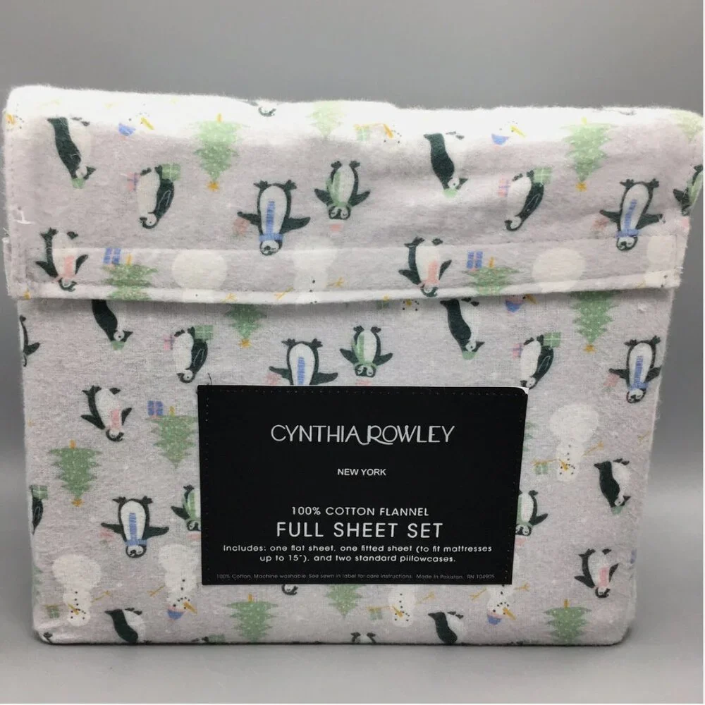 Cynthia Rowley Christmas Trees Penguins Snowman Flannel FULL Sheet Set Adorable